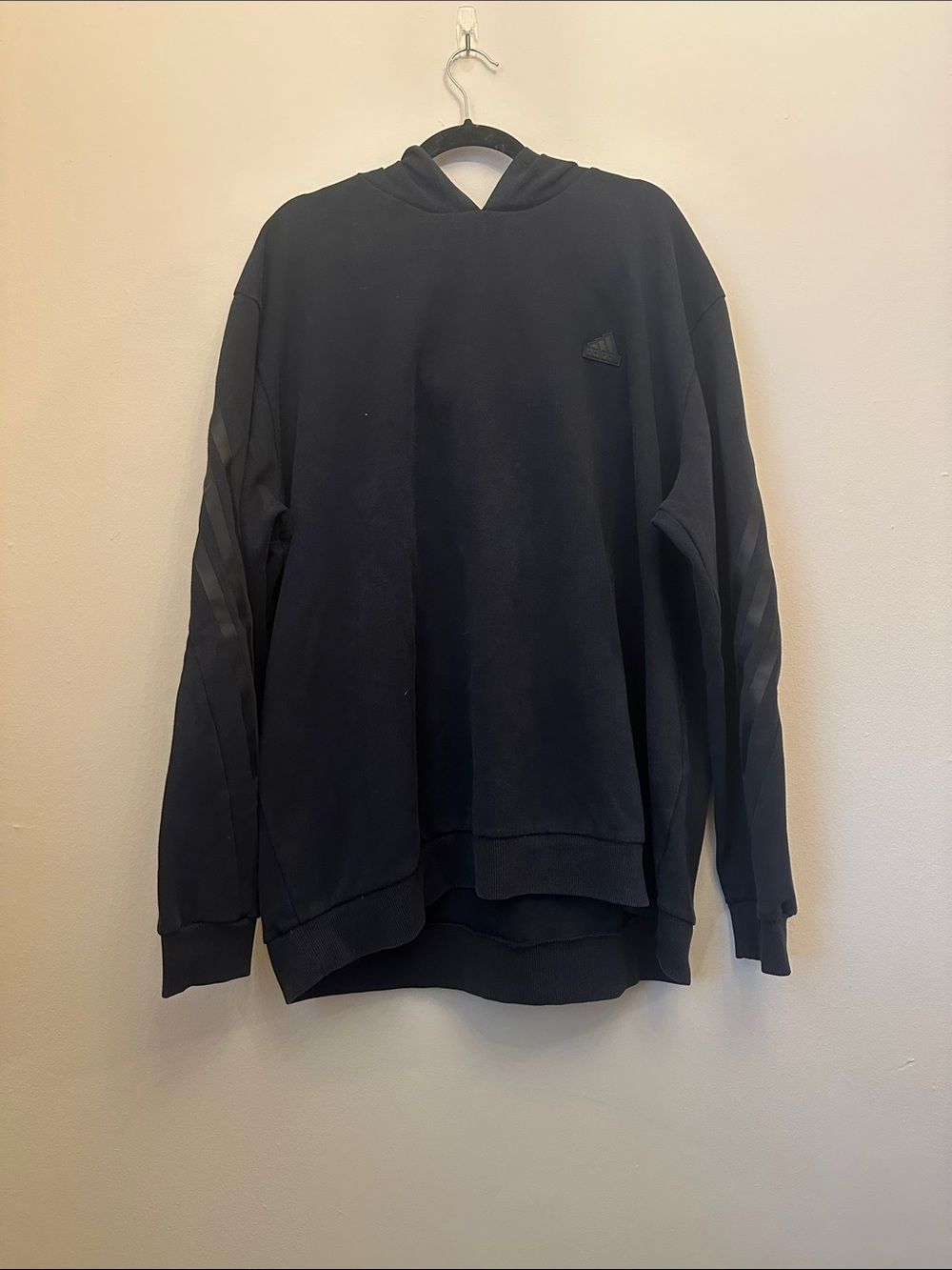 Adidas Black Hooded Pullover Oversized Sweatshirt Black Sleeve Stripes Sz 3XL